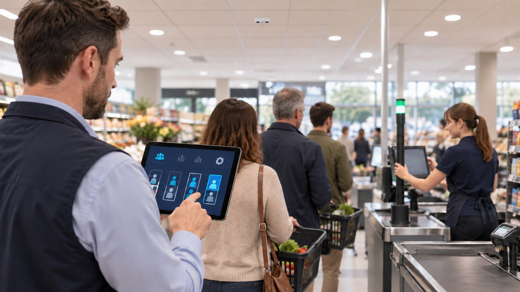 Retail supervisor reviewing queue analytics near checkout lanes